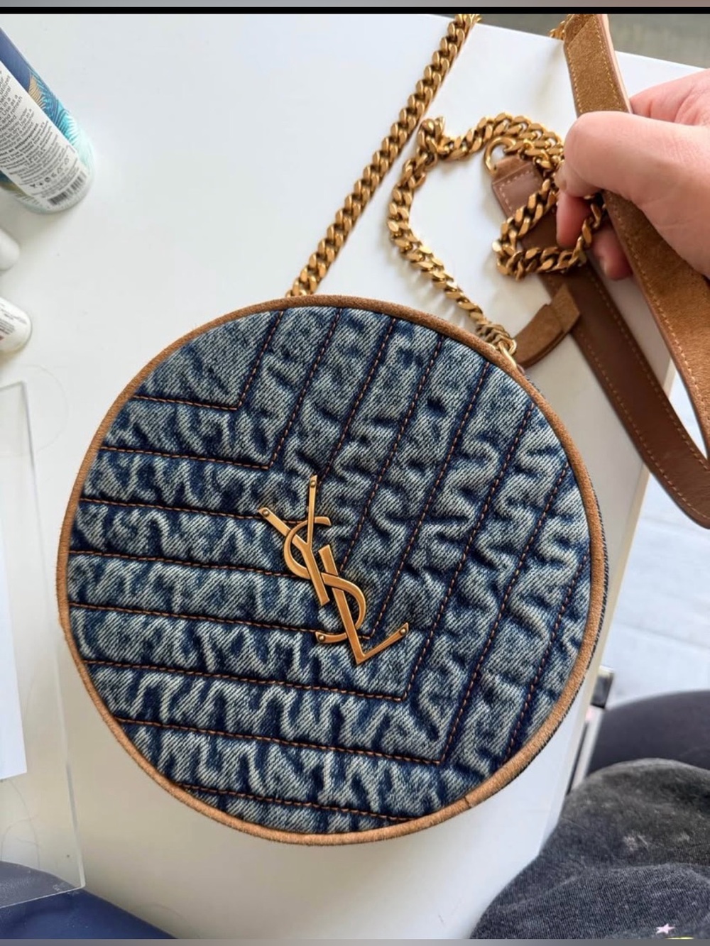 Yves Saint Laurent Blue Denim Round Crossbody with Gold Hardware